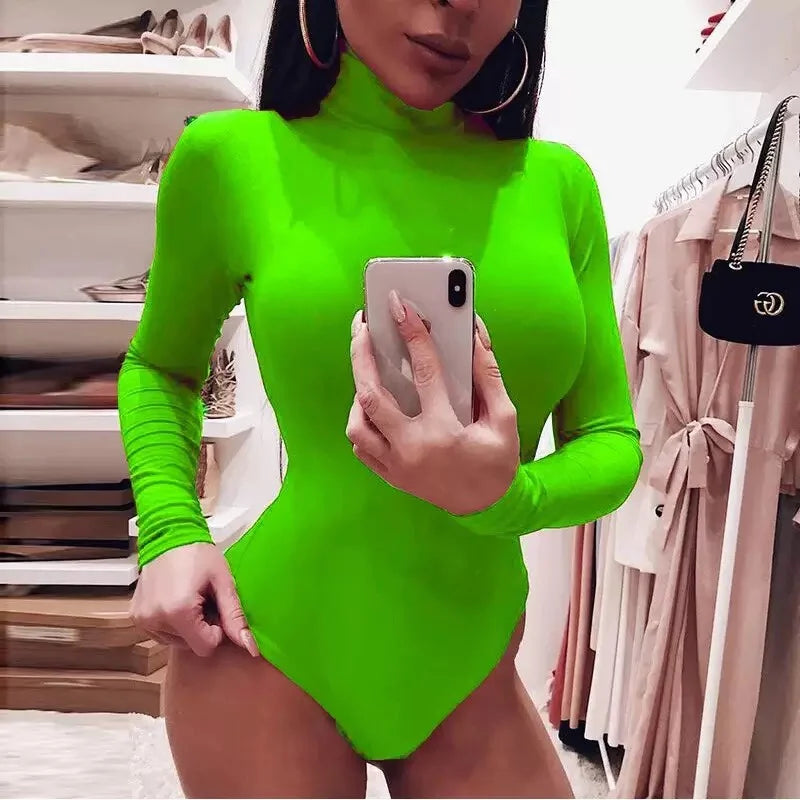Bodysuit Hot Girl Sexy Spice Basic High-Neck Elastic Slim-Fit Fashion Long-Sleeved Bodycon Top innerwear Solid Base Layer Shirt