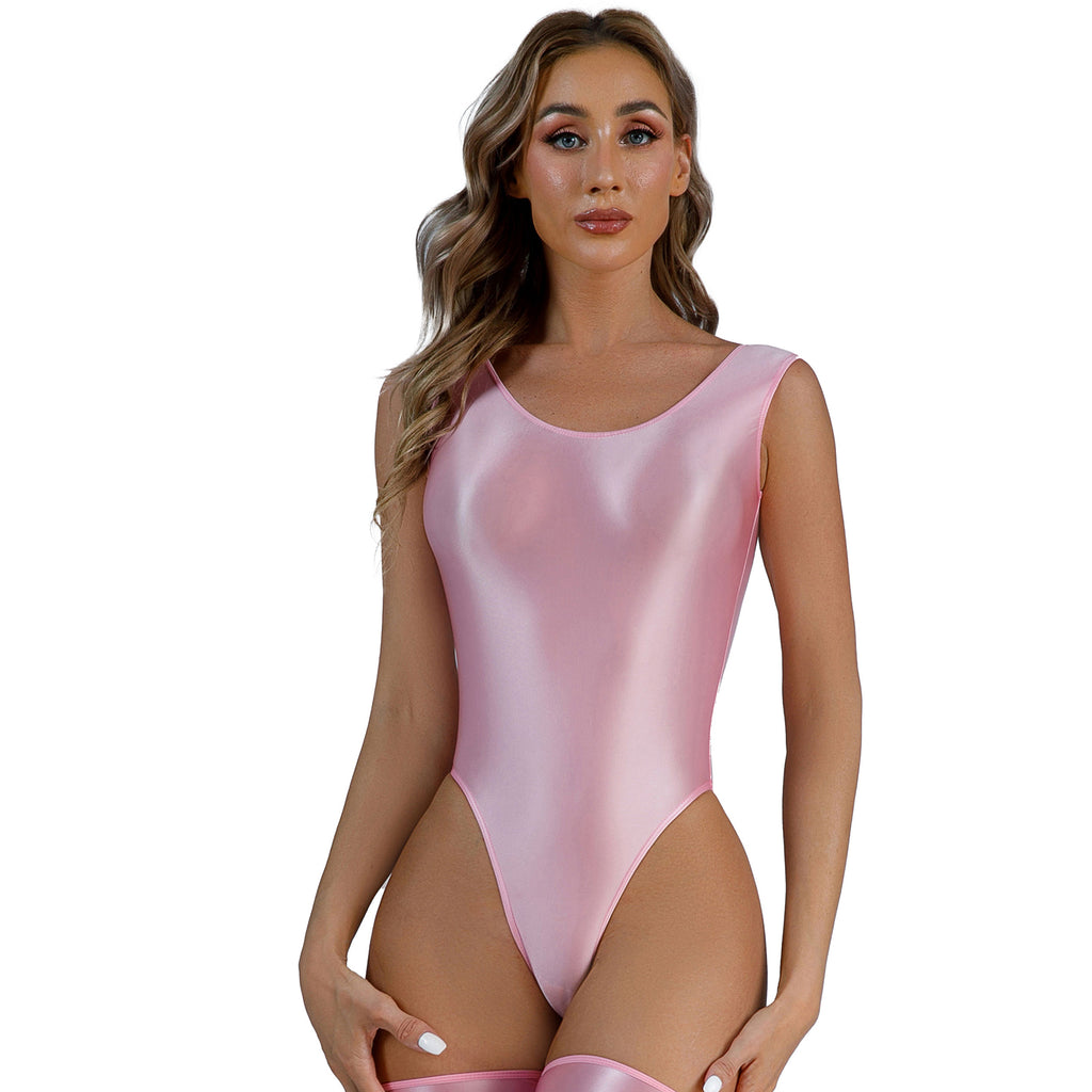 Womens Glossy High Cut Bodysuit Sexy Sleeveless Backless One-piece Swimwear Sports Workout Fitness Gymnastics Leotard Swimsuit