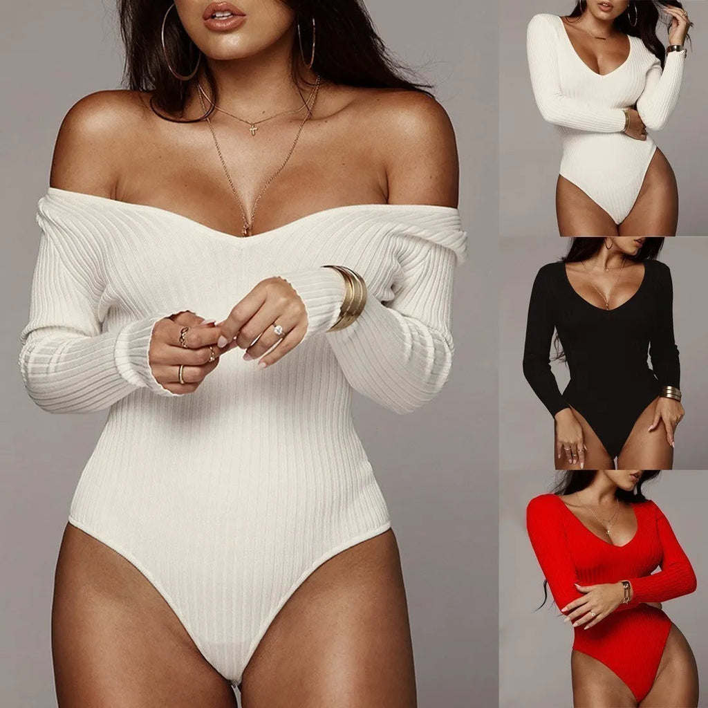 Sexy Women Bodysuit  Long Sleeve Slim Fit Casual Knitted Bandage Body Top Ladies Long Sleeve Leotard Stretch Autumn Romper