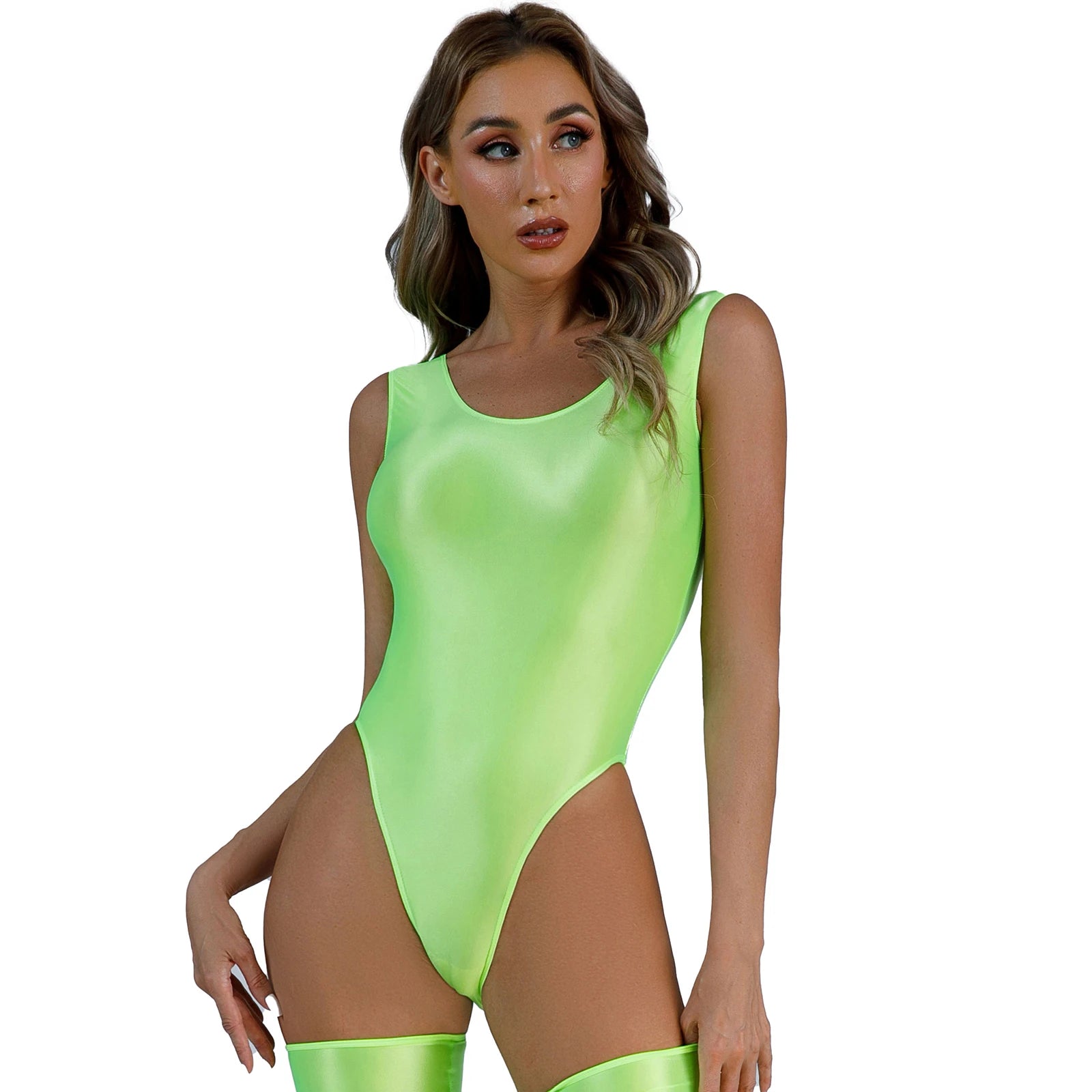 Womens Glossy High Cut Bodysuit Sexy Sleeveless Backless One-piece Swimwear Sports Workout Fitness Gymnastics Leotard Swimsuit