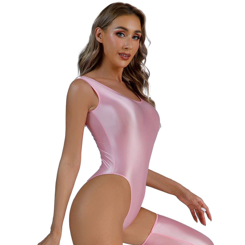 Womens Glossy High Cut Bodysuit Sexy Sleeveless Backless One-piece Swimwear Sports Workout Fitness Gymnastics Leotard Swimsuit