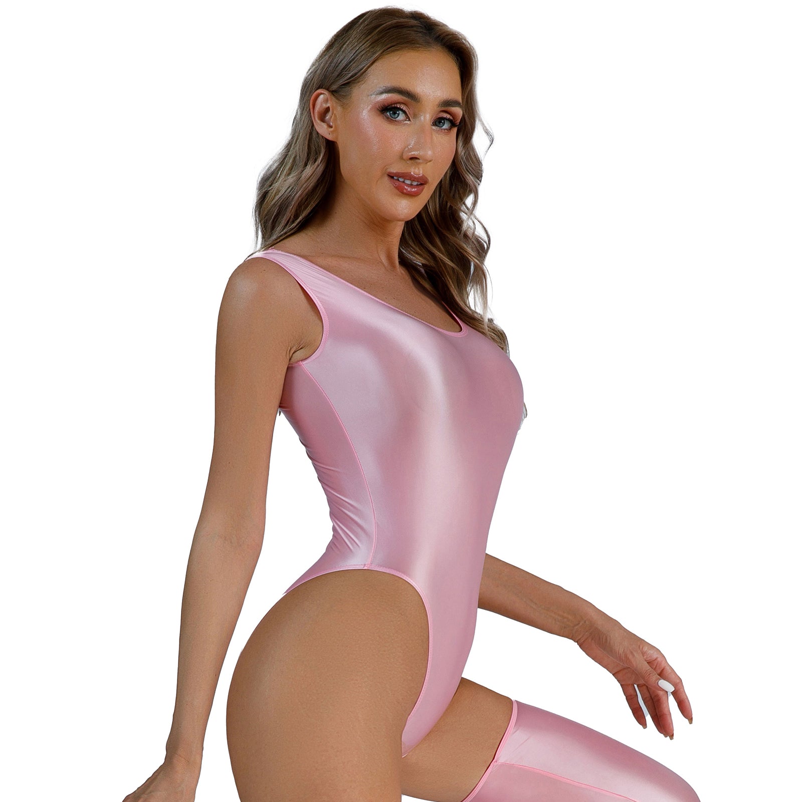 Womens Glossy High Cut Bodysuit Sexy Sleeveless Backless One-piece Swimwear Sports Workout Fitness Gymnastics Leotard Swimsuit