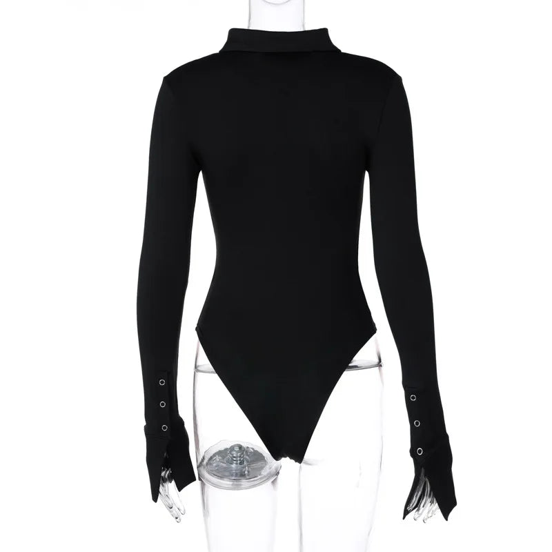 Single Breasted Bodysuit Long Sleeve One-Pieces Body Feminino Turndown Collar Lingerie Sexy Tops Women Elegant Clothes Slim Fit