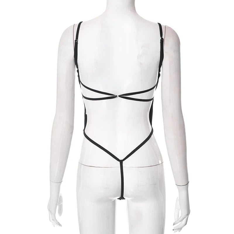 Criss Cross Backless Sexy Body Woman High Cut Thong Bodysuit Black Spaghetti Strap Cami Tops Summer One Piece Night Club Outfit