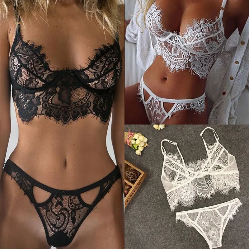 Women Sexy Lace Underwear Set See-Through Bra Thong Lingerie Briefs Female Underpants Black White Thin Bra Panties Suit