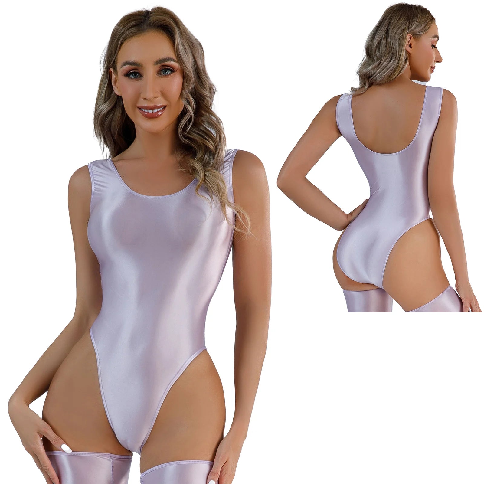 Womens Glossy High Cut Bodysuit Sexy Sleeveless Backless One-piece Swimwear Sports Workout Fitness Gymnastics Leotard Swimsuit