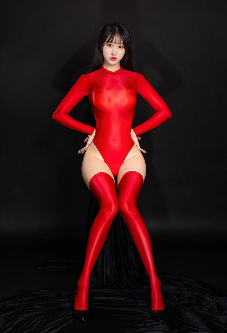 Sexy Oil Shiny Long Sleeve Bodysuit Women High Elastic Sheer Transparent Jumpsuit Tights Leotard Night clubWear Sex Porn Clothes