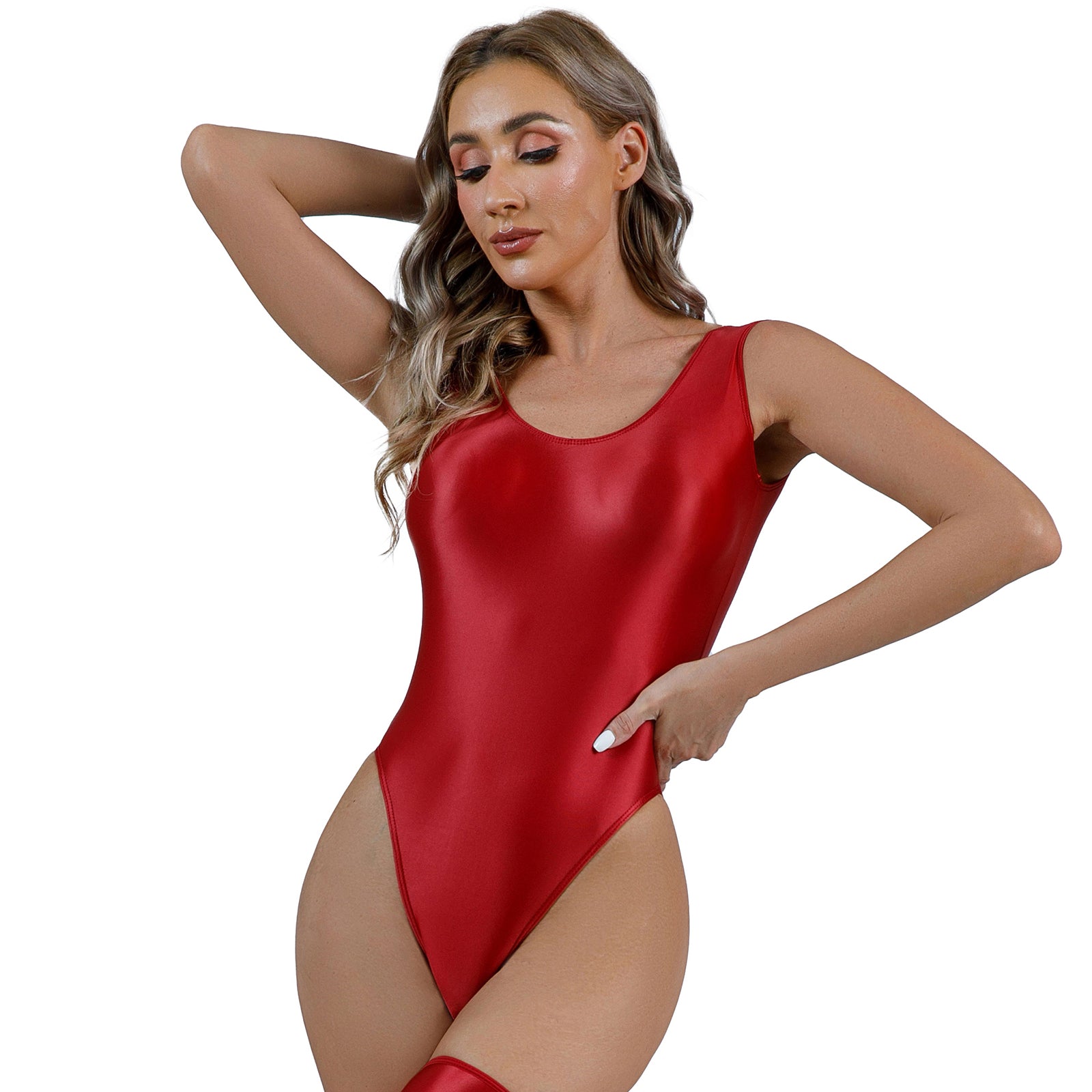 Womens Glossy High Cut Bodysuit Sexy Sleeveless Backless One-piece Swimwear Sports Workout Fitness Gymnastics Leotard Swimsuit